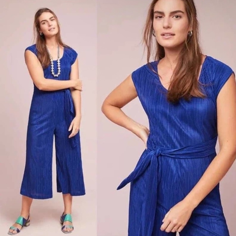 Maeve Anthropologie Sonata Wide Leg Belted Blue Pleated Jumpsuit Size 2 Boho